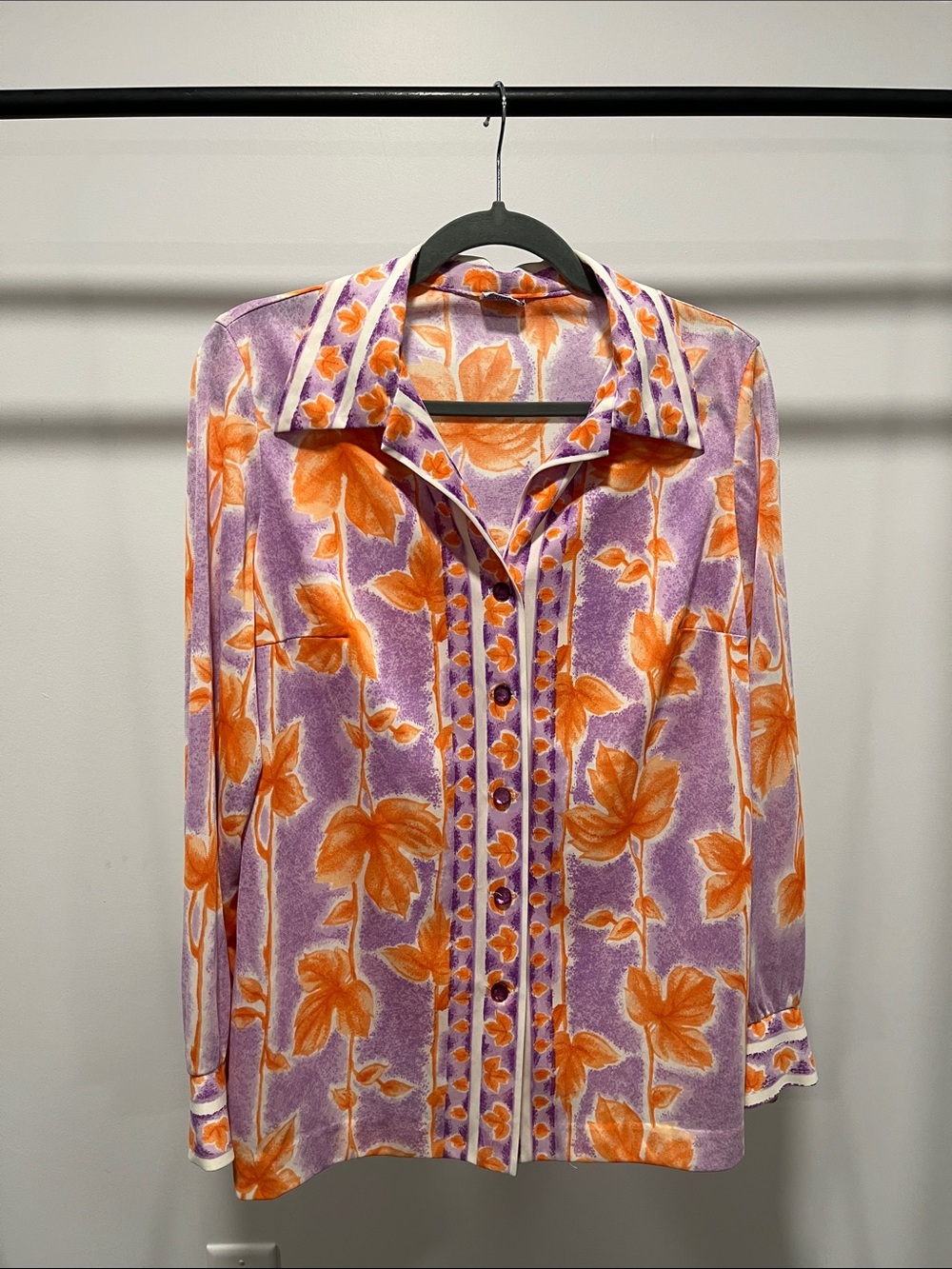 Vintage 70’s Vibrant Purple and Orange Floral Button-Front Blouse